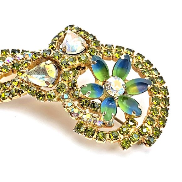 Large Hobe vintage flower accent green + AB rhinestones long pin brooch, signed - Picture 2 of 5
